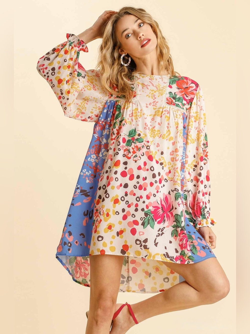 Umgee | Mixed Print Crochet Trim Floral 3/4 Sleeve Tunic Dress Size M Fairy Boho